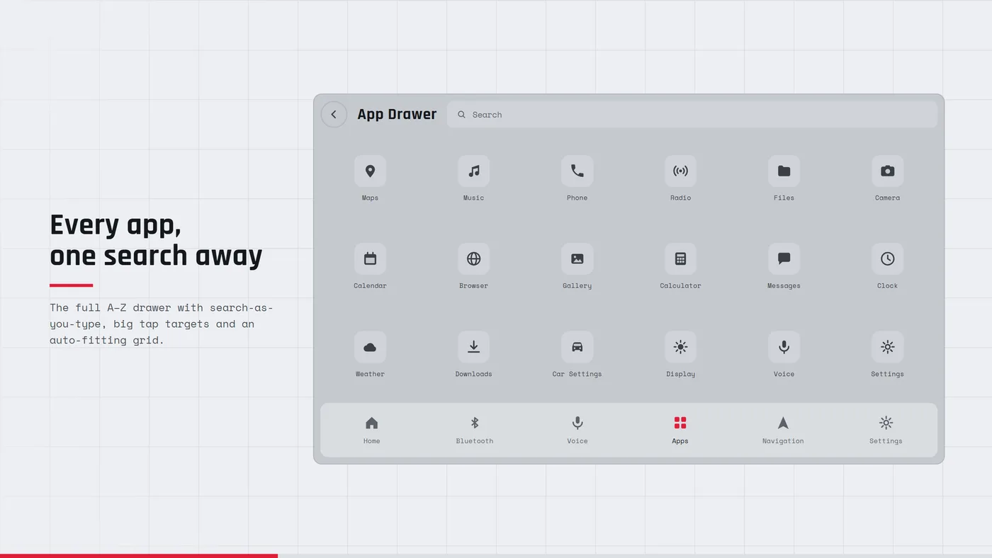 App drawer: Every app, A to Z, with search that filters as you type.