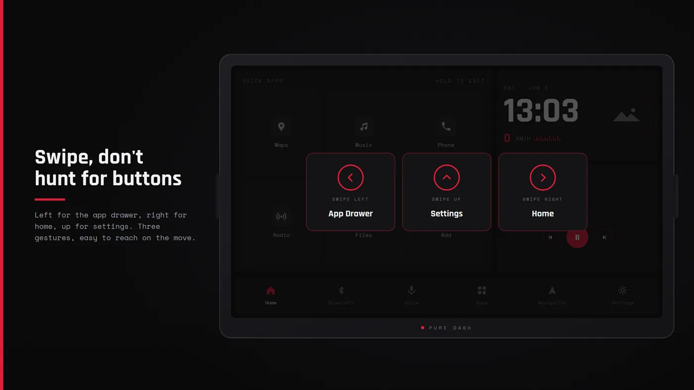 Gestures: Swipe left for apps, right for home and up for settings.