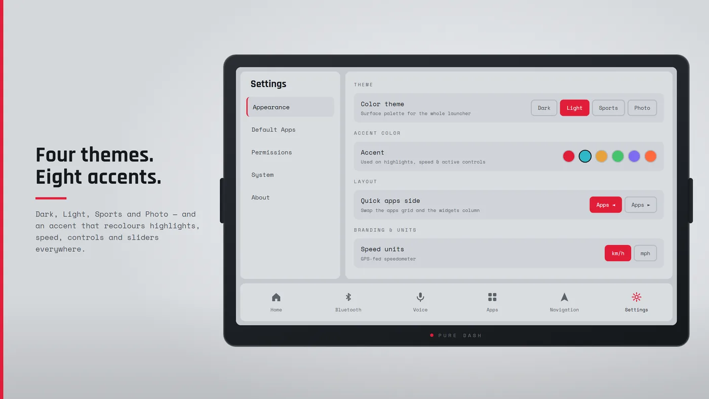 Themes: Dark, Light, Sports and Photo themes, with an accent colour for the whole launcher.