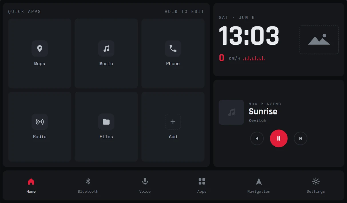 The Pure Dash home screen: Quick Apps grid, a large clock with GPS speed, Now Playing and the dock