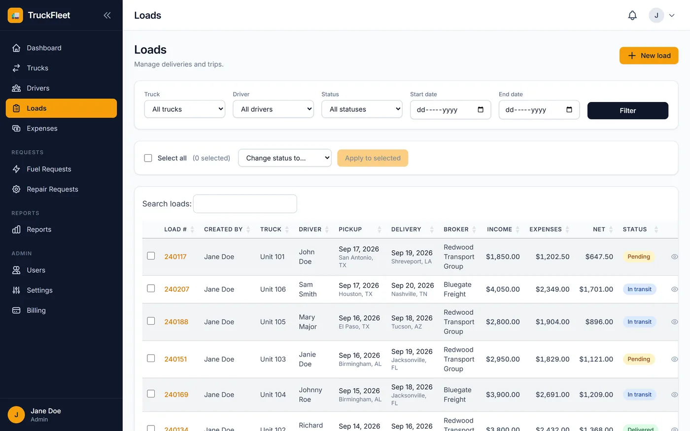 Loads filtered by truck, driver, status and date, with bulk status changes